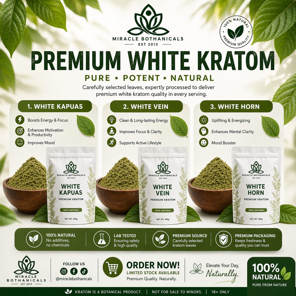 Miracle Botanicals White Strain kratom powder — clarity and mood